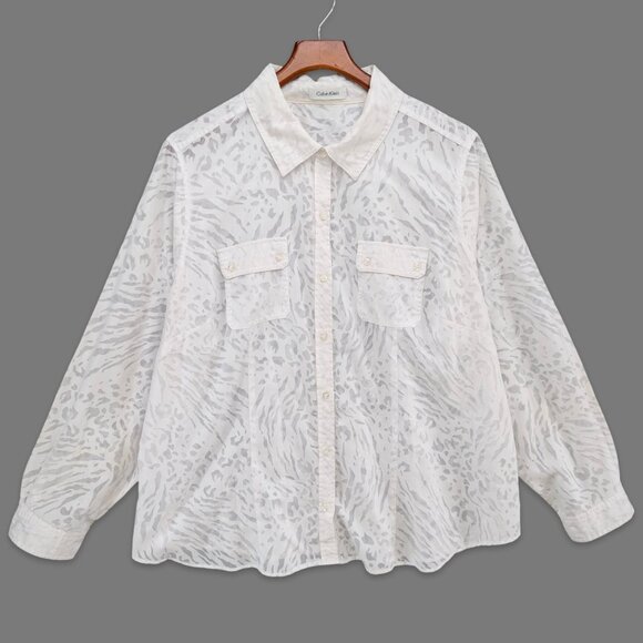 Calvin Klein Tops - Calvin Klein Button Down Shirt Womens White Textured Sheer Pockets Size 2X